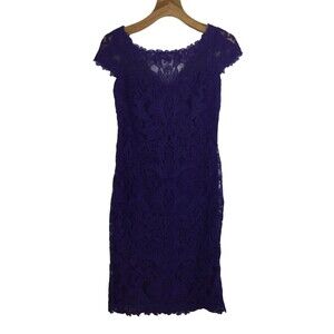 Tadashi Shoji Corded Lace Embroidery Tulle Cap Sleeve V-Back Dress Purple 6